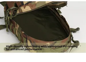 Detail of high-density nylon lining and waterproof PU coating in woodland tactical backpack