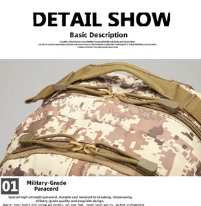 Detail of tactical backpack showing double zippers with high-strength paracord pulls