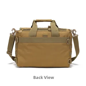 Back view of khaki tactical bag featuring MOLLE system straps and reinforced handles