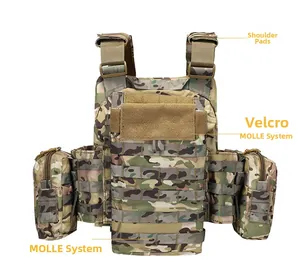 Tactical vest detail showing adjustable shoulder pads, Velcro panels and MOLLE system