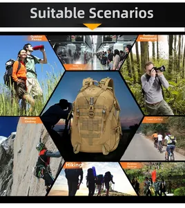 Tactical khaki backpack for hiking, photography and cycling with MOLLE system and multiple compartments