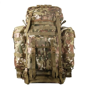 Detailed front view of 80L multicam tactical backpack with MOLLE system webbing