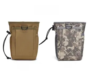 Detail view of Molle pouches in Tan and ACU camouflage with drawstring and mesh pockets