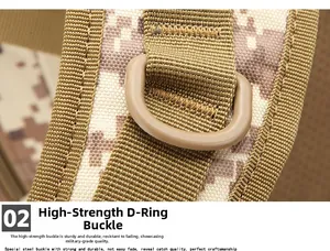 Close-up of high-strength D-ring buckle and desert camo tactical webbing strap