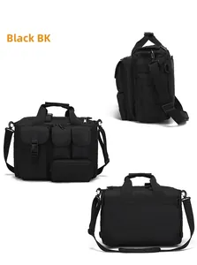 Front side and back views of a black tactical waterproof laptop bag with multiple pockets