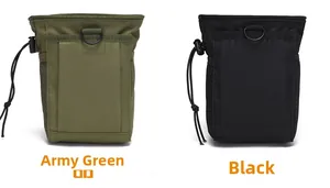 Detail of army green and black tactical molle pouches with drawstring and mesh pocket