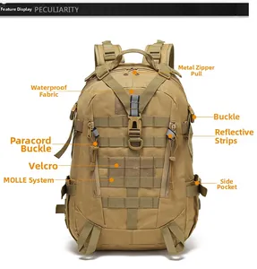 Detail of water-resistant tactical backpack showing MOLLE system and luminous strips