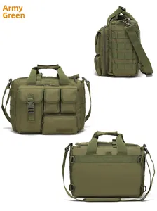 Three-view display of army green tactical waterproof messenger bag with MOLLE webbing system