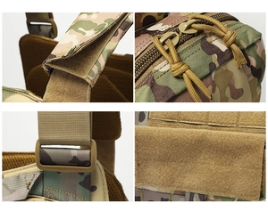 Close-up of tactical vest featuring Molle system with MultiCam camouflage pattern and velcro