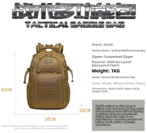 Detailed size and specs of the 800D waterproof tactical backpack in khaki color
