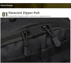 Detailaufnahme des 3P-Taktikrucksacks aus strapazierfähigem Nylon mit Paracord-Reißverschluss