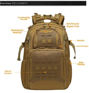 Close-up of waterproof Oxford fabric and MOLLE system on tactical backpack