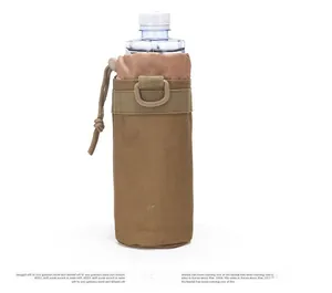 Front view of khaki tactical water bottle pouch with nylon fabric and D-ring buckle