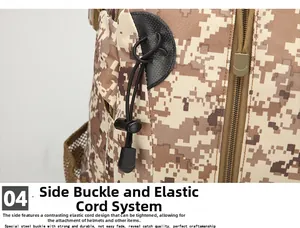 Tactical backpack side view showing desert camo pattern and elastic helmet strap system