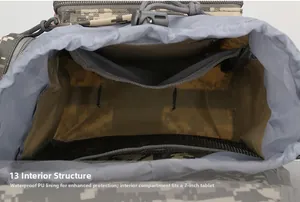 Tactical sling bag interior detail with waterproof PU coating and 7-inch tablet compartment