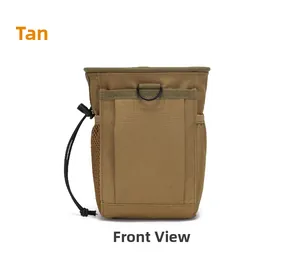 Tactical molle dump pouch in tan color featuring drawstring closure and side mesh pocket