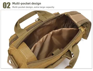 Detailed top view of khaki tactical laptop bag showing large capacity and multi-pocket layout