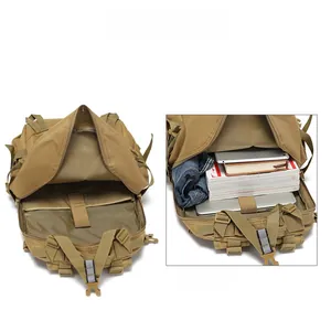 Internal view of khaki tactical backpack showing large main compartment and laptop sleeve