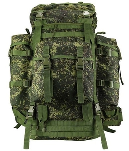 Macro view of tactical backpack with digital camouflage pattern and MOLLE webbing system