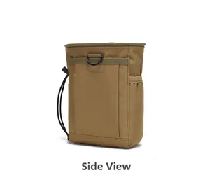 Detailed side view of khaki tactical Molle pouch with D-ring and drawstring cord