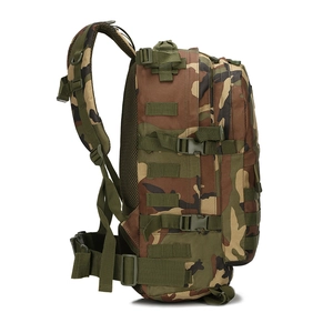 Side view of jungle camouflage tactical backpack with MOLLE system and padded straps