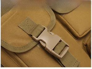 Close-up of durable plastic buckle and rugged nylon fabric on khaki tactical bag