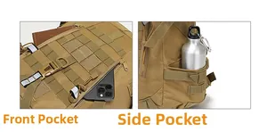 Detail view of khaki tactical backpack featuring MOLLE webbing system and side water bottle pocket