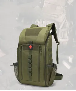 Tactical medical backpack detail showing MOLLE system and red cross velcro patch