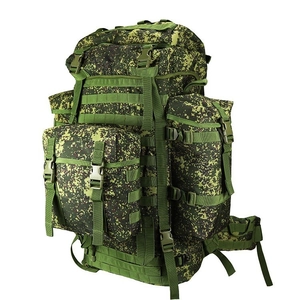 Detail view of 80L tactical backpack featuring MOLLE webbing and jungle camo pattern