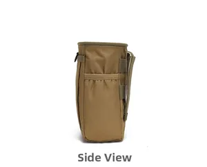 Side view of khaki tactical water bottle pouch with MOLLE webbing and metal snap buttons