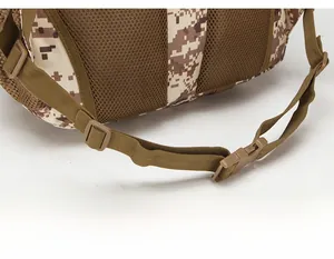 Detail of desert camo tactical backpack with breathable mesh padding and adjustable waist belt