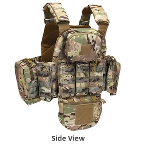 Side view of multi-functional camouflage tactical vest with MOLLE system and padded straps