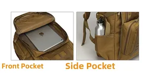 Tactical brown outdoor backpack detailing the front zip pocket and side mesh water bottle holder
