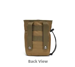 Rear view of khaki tactical Molle pouch with two snap straps and side mesh pocket