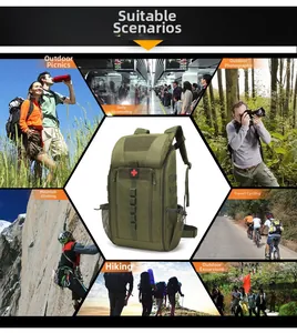 Army green tactical backpack with red cross patch shown in multiple outdoor activities