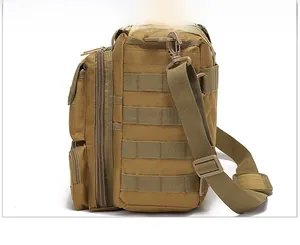 Detail view of khaki tactical bag showing MOLLE expansion system and padded shoulder strap
