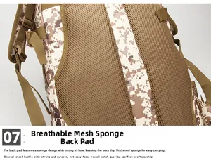 Detail of desert camo tactical backpack with breathable honeycomb mesh and padded back support