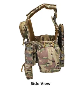 Side view of Multicam tactical vest featuring MOLLE system and heavy-duty nylon pockets