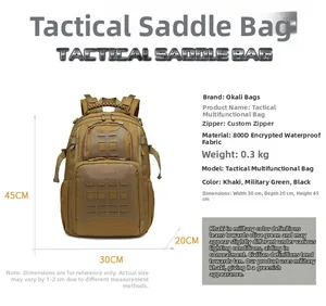 Detailed specs of 800D waterproof tactical backpack in khaki with 30x20x45cm size