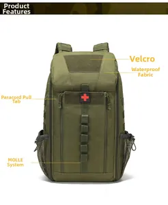 Detailed view of tactical medical backpack with MOLLE system and red cross patch