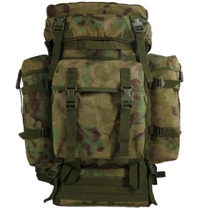 Close-up of 80L tactical backpack with camouflage pattern and MOLLE webbing system