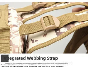 Detail of adjustable tactical webbing and heavy-duty buckle on digital camo backpack