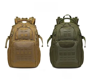 Tactical outdoor backpack detail in khaki and army green with Molle system