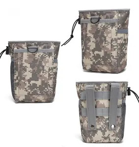 Detail view of ACU digital camo Molle tactical pouch with drawstring and side mesh pocket