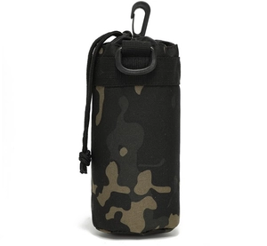 Detail of tactical camouflage water bottle pouch with nylon fabric and drawstring closure