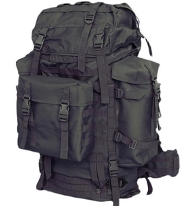 Detailed view of the 80L tactical backpack showing MOLLE system and external storage pockets