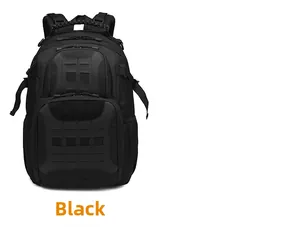 Front view of black tactical backpack featuring MOLLE system and reinforced paracord handle