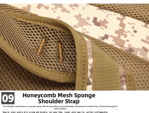 Detail of breathable honeycomb mesh shoulder straps on a tactical camouflage backpack