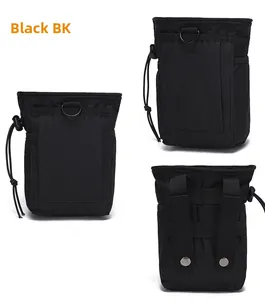 Macro detail of black nylon Molle pouch showing drawstrings, mesh pockets, and metal snaps