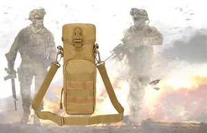 Detail view of Coyote Brown tactical water bottle pouch with Molle webbing and strap